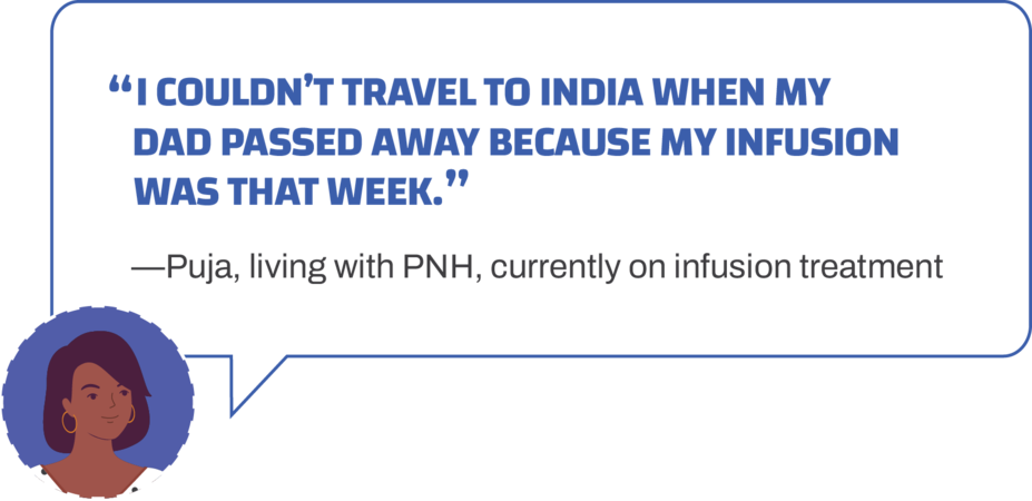 “I couldn’t travel to India when my dad passed away because my infusion was that week.” Patient living with PNH currently on infusion treatment.