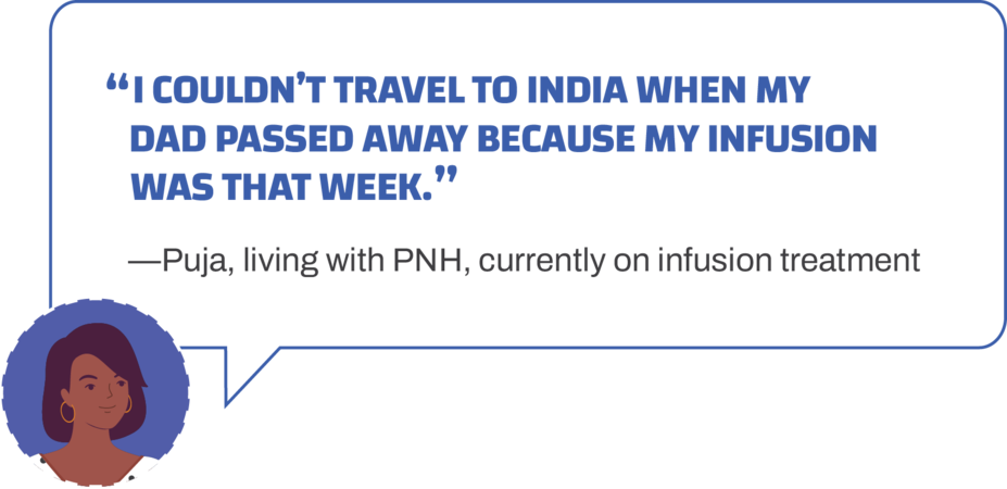 “I couldn’t travel to India when my dad passed away because my infusion was that week.” Patient living with PNH currently on infusion treatment.